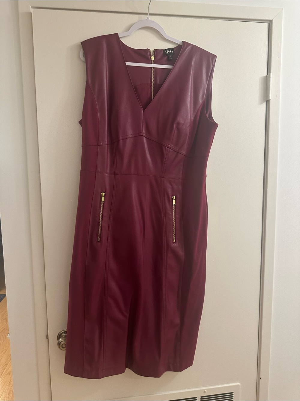 INC International Concepts Wine Faux-Leather V-Neck Sheath Dress
